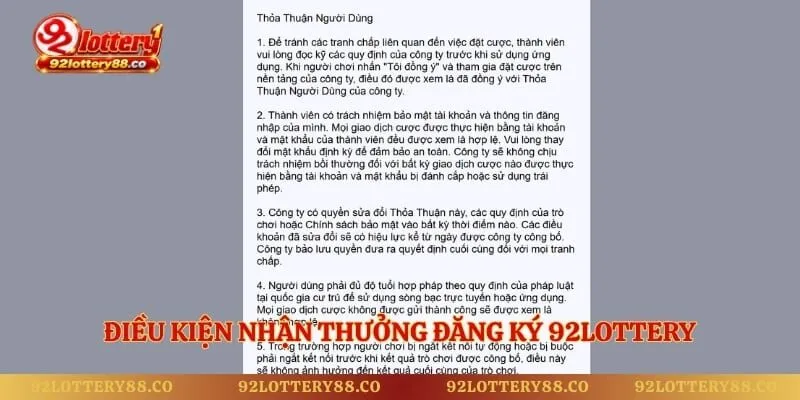 Điều kiện nhận thưởng đăng ký 92lottery